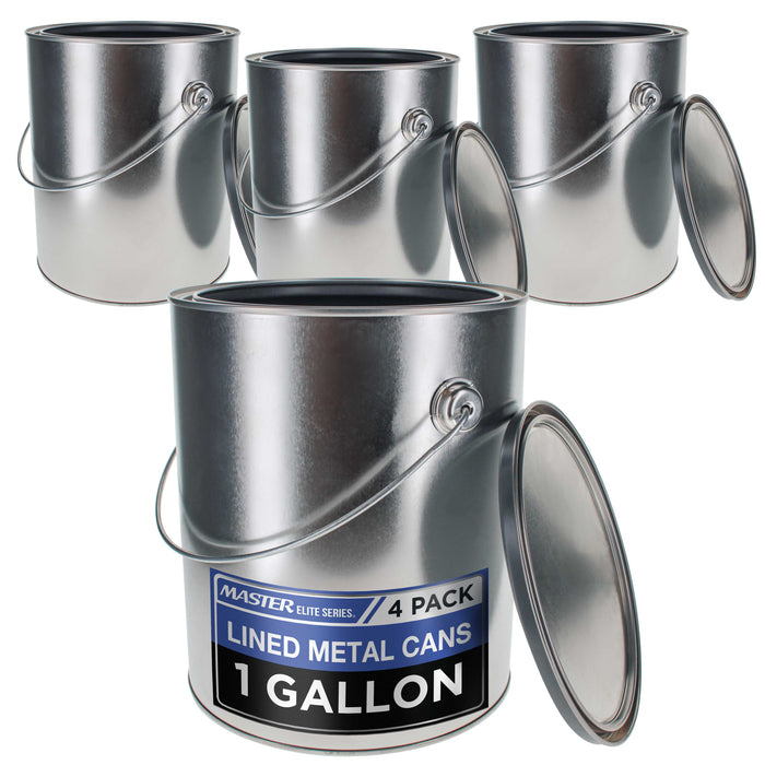 1 Gallon Lined Empty Metal Paint Can Bucket with Lids, Bail Handles, Pack of 4 - Triple Tight Seal, 128 fl. oz. Steel Coating Storage Container Tin - Store Leftover Water-Based Paint Auto