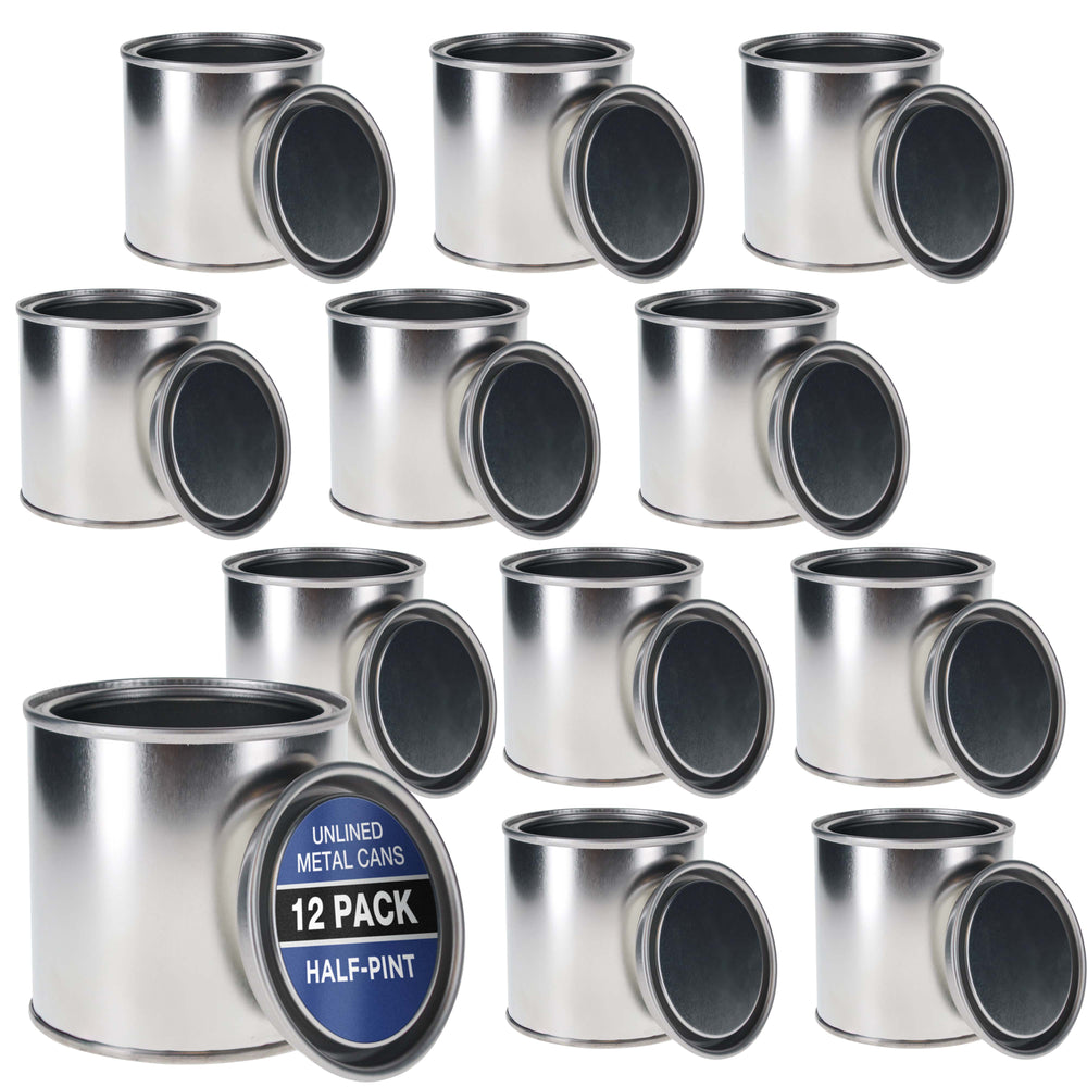 1/2 Pint Unlined Empty Metal Paint Can Bucket with Lids, Pack of 12 - Triple Tight Lid Seal, 8 fl. oz. Steel Coating Storage Container Tin - Store Oil-Based Paint, Art, DIY Crafts