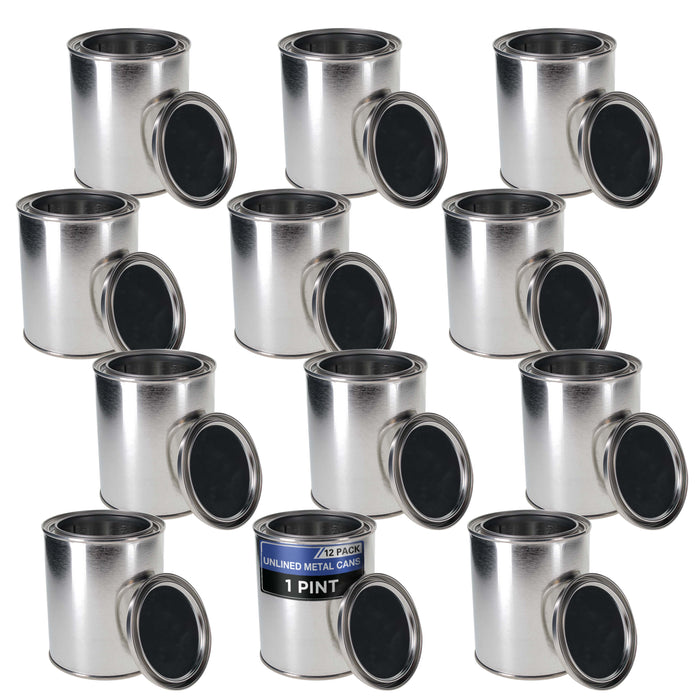 1 Pint Unlined Empty Metal Paint Can Bucket with Lids, Pack of 12 - Triple Tight Lid Seal, 16 fl. oz. Steel Coating Storage Container Tin - Store Oil-Based Paint, Art, Craft, DIY Supplies