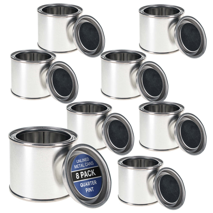 1/4 Pint Unlined Empty Metal Paint Can Bucket with Lids, Pack of 8 - Triple Tight Lid Seal, 4 fl. oz. Steel Coating Storage Container Tin - Store Oil-Based Paint, Art, DIY Crafts