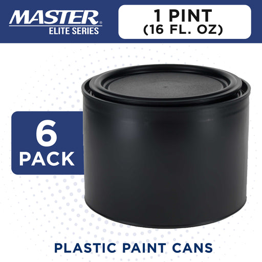 Master Elite 1 Pint Empty Plastic Paint Can Bucket, Pack of 6 - Triple Lock Airtight Lid Seal, 32 fl. oz. All-Plastic Coating Storage Can, Pail Handle