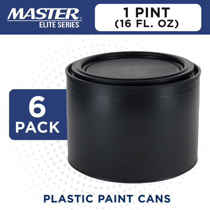 Master Elite 1 Pint Empty Plastic Paint Can Bucket, Pack of 6 - Triple Lock Airtight Lid Seal, 32 fl. oz. All-Plastic Coating Storage Can, Pail Handle