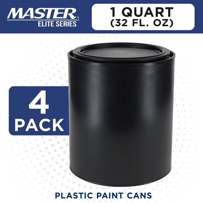 1 Quart Plastic Paint Can Bucket, Pack of 4 - Triple Lock Airtight Lid Seal, 32 fl. oz. All-Plastic Coating Storage Can - Plastic Pail Handle, Rust Proof, Dent Proof & Odor Resistant