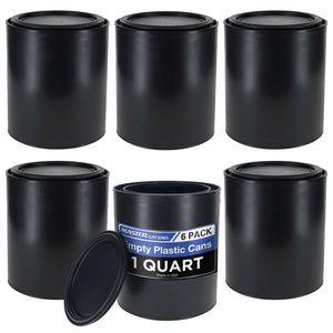 1 Quart Empty Plastic Paint Can Bucket, Pack of 6 - Triple Lock Airtight Lid Seal, 32 fl. oz. All-Plastic Coating Storage Can Pail Handle