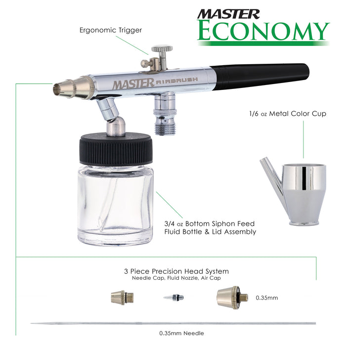 Master Performance E90 Multi-Purpose Precision Dual-Action Siphon Feed Airbrush with Black Handle, 0.35 mm Tip, 3/4 oz Bottle
