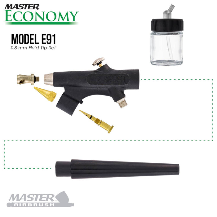 Master Economy E91 Single-Action External Mix Siphon Feed Airbrush Set with 0.8 mm Tip & 1/8 in. Air Inlet (Includes 6 ft. Braided Air Hose)