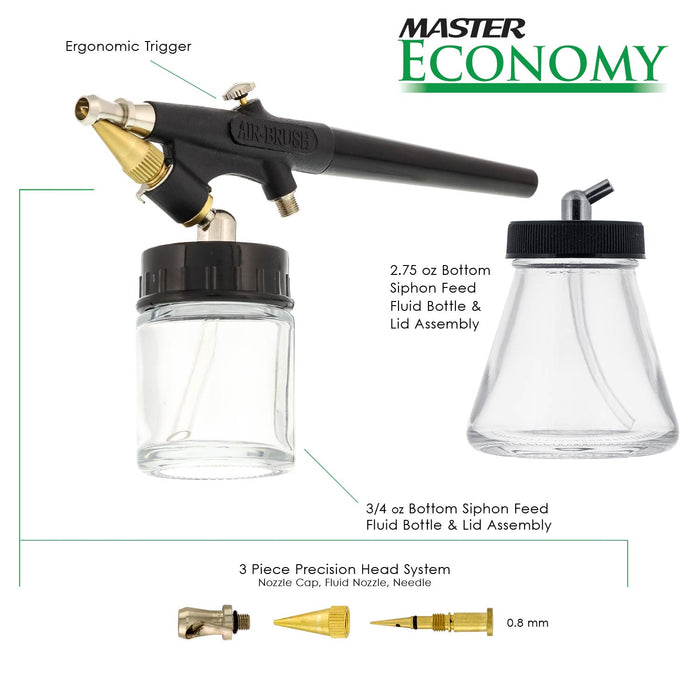 Master Economy E96 Single-Action External Mix Siphon Feed Airbrush Set with 0.5mm Tip Broad Spray Pattern & 5 ft. Air Hose