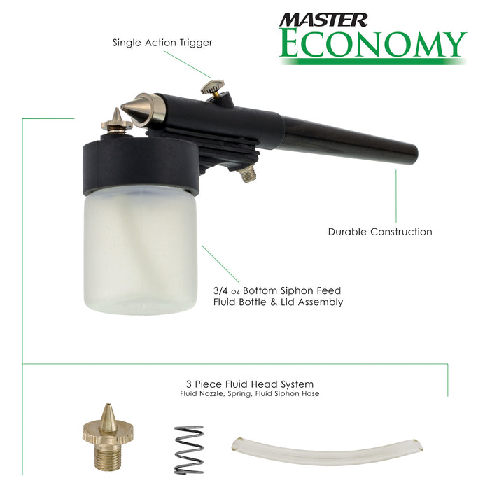 Master Economy E98 Single-Action External Mix Siphon Feed Airbrush with Fine Tip, Attached 3/4 oz Jar & 5 ft. Air Hose