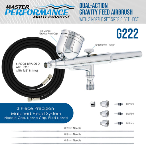 Master Airbrush G222 Multi-Purpose Dual-Action Gravity Feed Airbrush Gun Set for Model Painting, Graphics, Cake & Art - Air Brush Gun Kit with 3 Nozzle Sets (0.2, 0.3, 0.5mm), 1/3 oz Cup & Air Hose
