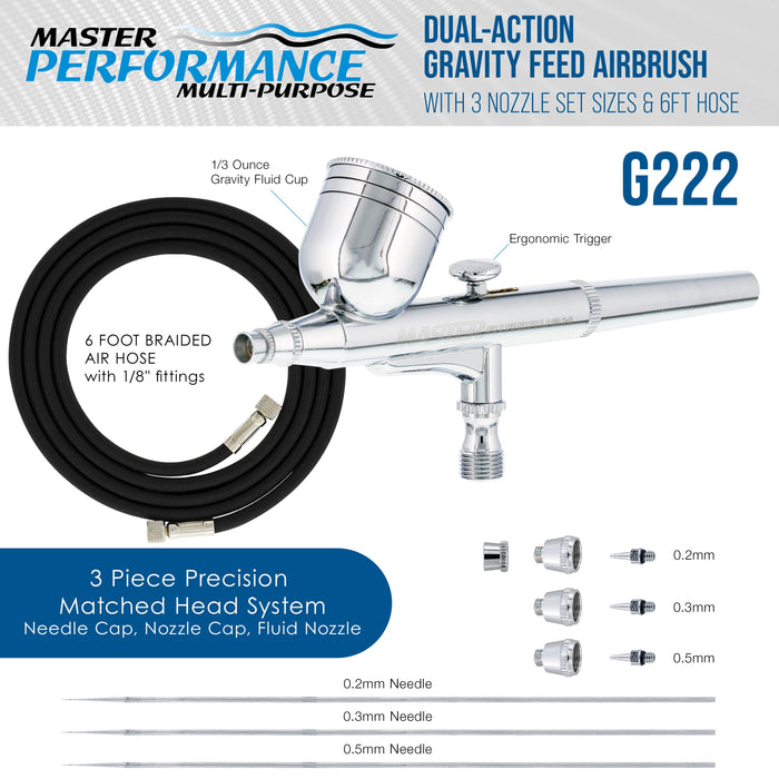 Master Airbrush G222 Multi-Purpose Dual-Action Gravity Feed Airbrush Gun Set for Model Painting, Graphics, Cake & Art - Air Brush Gun Kit with 3 Nozzle Sets (0.2, 0.3, 0.5mm), 1/3 oz Cup & Air Hose