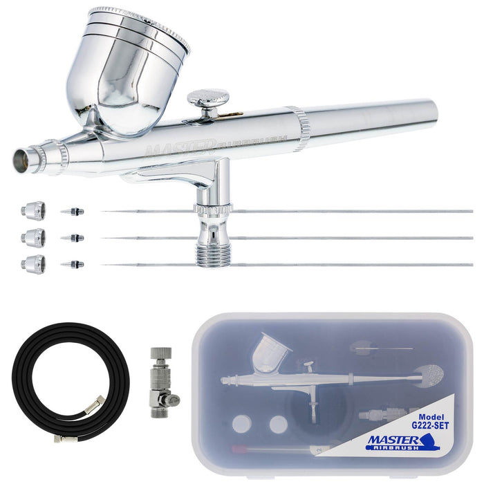 Master Airbrush G222 Multi-Purpose Dual-Action Gravity Feed Airbrush Gun Set for Model Painting, Graphics, Cake & Art - Air Brush Gun Kit with 3 Nozzle Sets (0.2, 0.3, 0.5mm), 1/3 oz Cup & Air Hose