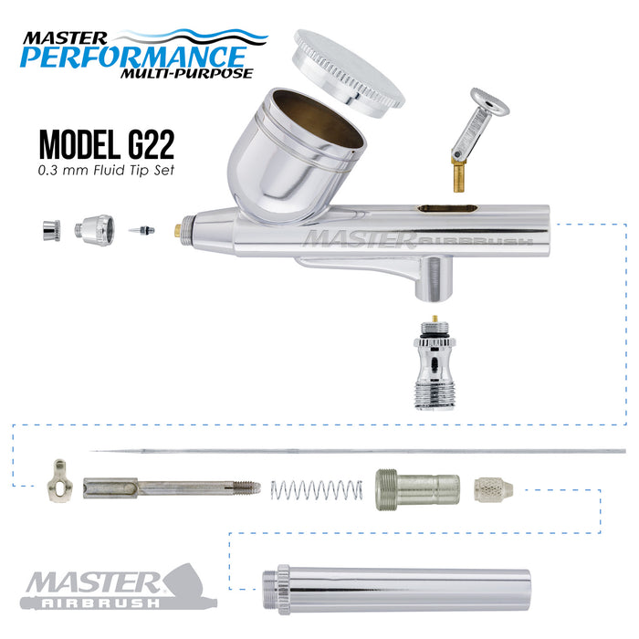 Master Performance G22 Multi-Purpose Dual-Action Gravity Feed Airbrush, 0.3 mm Tip, 1/3 oz Cup (Includes 6 ft. Braided Air Hose)