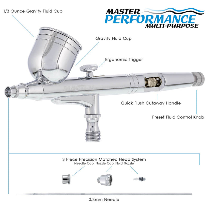 Master Performance G23 Multi-Purpose Dual-Action Gravity Feed Airbrush, 0.3 mm Tip, 1/3 oz Cup, Cutaway Handle (Includes 6 ft. Braided Air Hose)