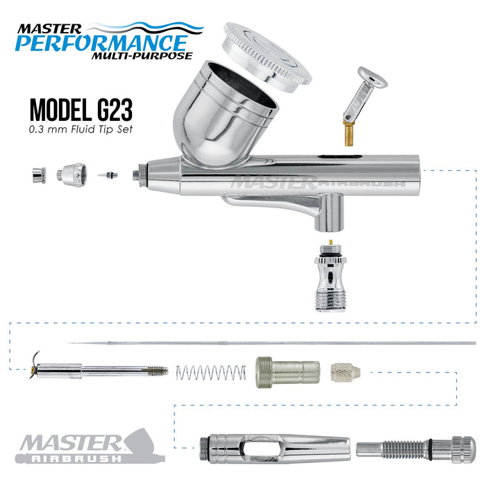 Master Performance G23 Multi-Purpose Dual-Action Gravity Feed Airbrush, 0.3 mm Tip, 1/3 oz Cup, Cutaway Handle (Includes 6 ft. Braided Air Hose)