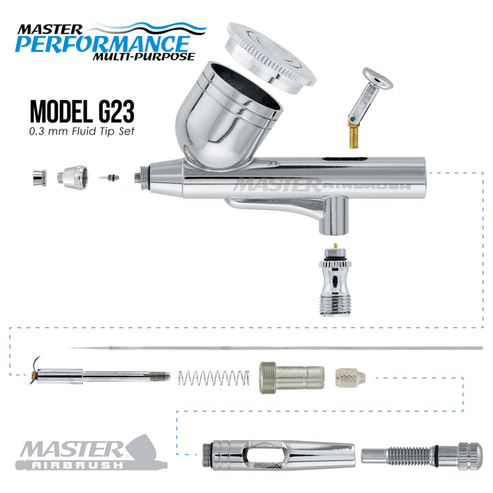 Master Performance G23 Multi-Purpose Dual-Action Gravity Feed Airbrush, 0.3 mm Tip, 1/3 oz Cup, Cutaway Handle (Includes 6 ft. Braided Air Hose)
