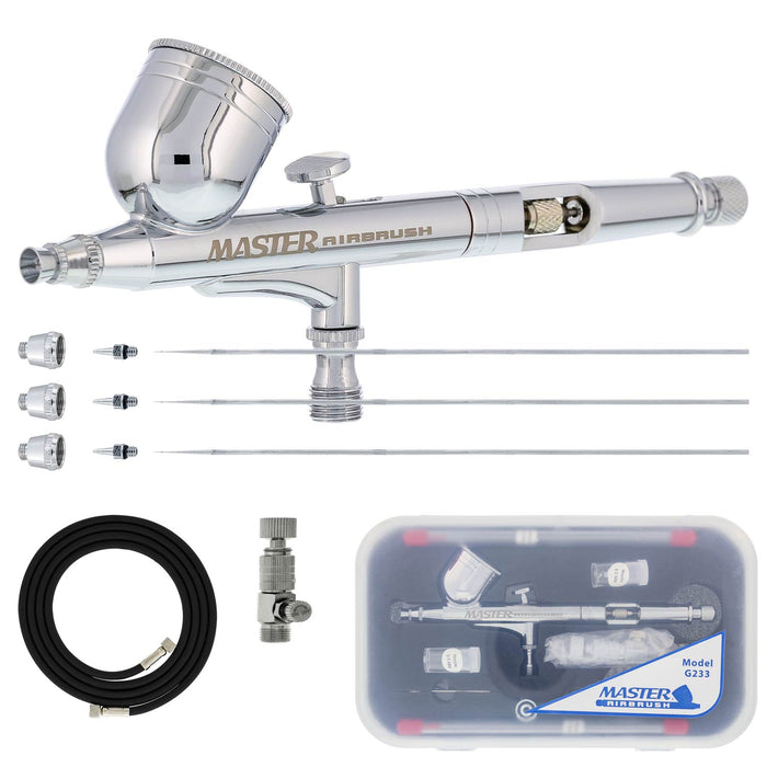 G233 Pro Set Master Airbrush with 3 Nozzle Sets (0.2, 0.3 & 0.5mm Needles, Fluid Tips, Air Caps, Hose) - Dual-Action Gravity Feed Airbrush, 1/3 oz Cup