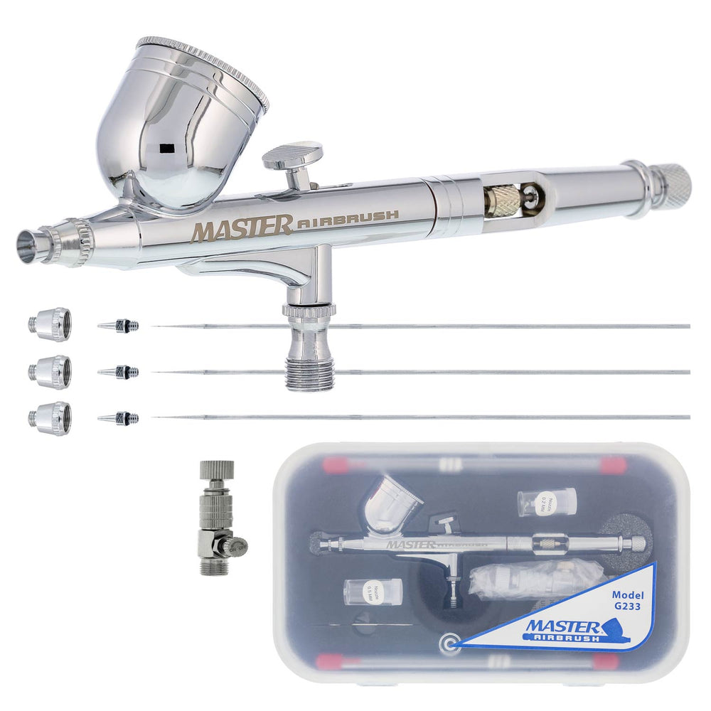 G233 Airbrush Pro Set with 3 Nozzle Sets (0.2, 0.3 & 0.5mm Needles, Fluid Tips & Air Caps) - Dual-Action Gravity Feed with 1/3oz Cup & Cutaway Handle