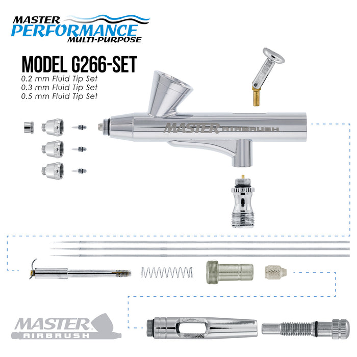 Master Performance G266 Pro Set Dual-Action Gravity Feed Airbrush Set with 3 Nozzle Sets (0.2, 0.3 & 0.5 mm) 1/16 oz Cup & Cutaway Handle, 6ft Hose