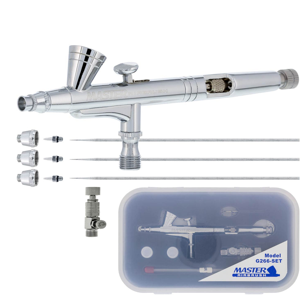 Master Airbrush G266 Pro Dual-Action Gravity Feed Airbrush Gun with 3 Nozzle Sets (0.2, 0.3 & 0.5mm Needles, Fluid Tips & Air Caps), Cutaway Handle, Air Brush Gun for Fine Art, Aerografo Illustration