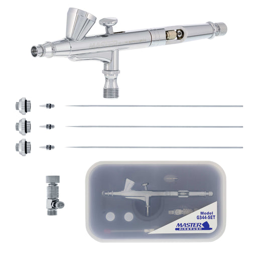 G344 Multi-Purpose Dual-Action Gravity Feed Airbrush with 3 Nozzle Sets (0.2, 0.3 & 0.5mm Needles, Fluid Tips and Air Caps) 1/16 oz. Fluid Cup