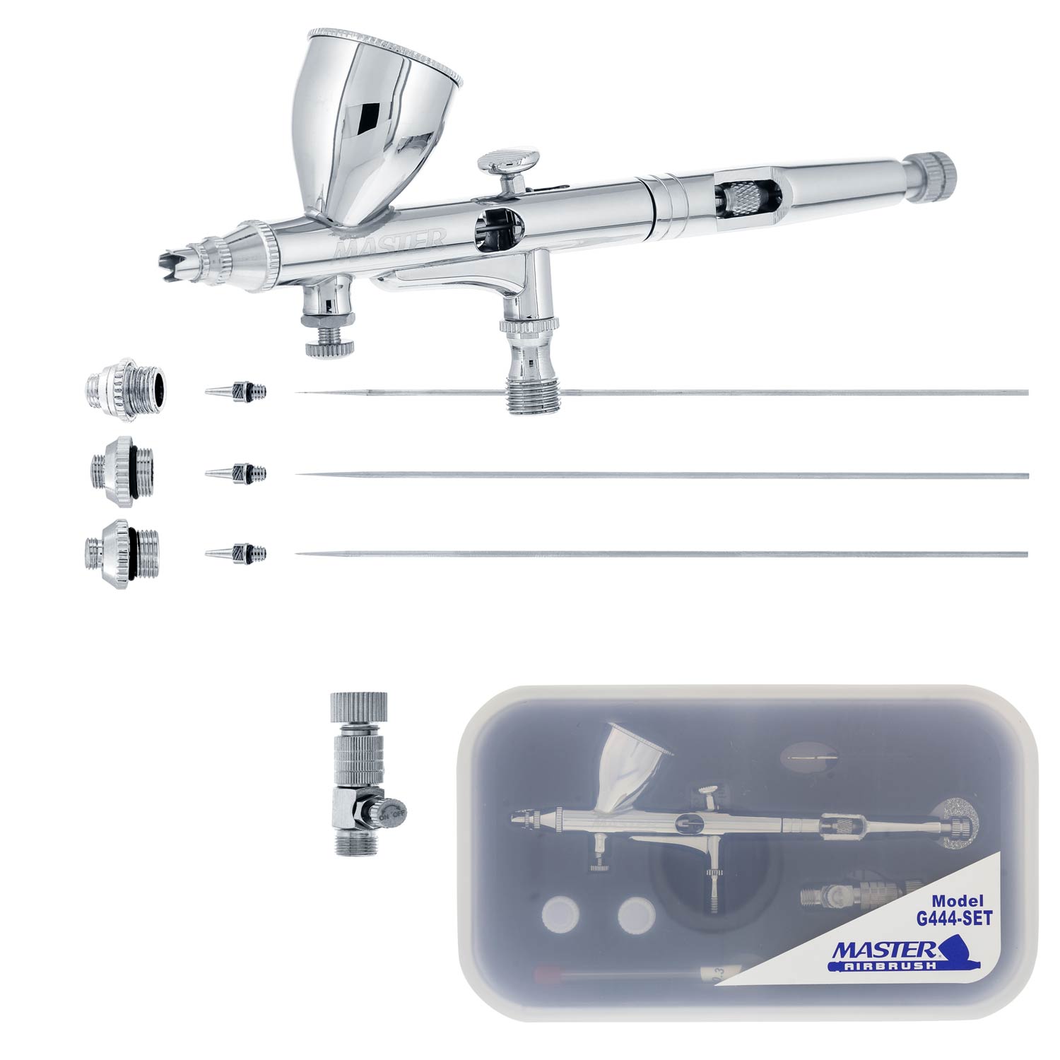High Precision G444 Pro Set Dual-Action Gravity Feed Airbrush Set with 3 tips (0.2, 0.3 & 0.5 mm), 1/3 oz Funnel Cup, Air Control