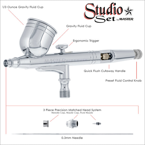 6 Master Performance G23 Dual-Action Gravity Feed Airbrushes with 0.3 mm Tips, 1/3 oz. Cups, Cutaway Handles & Storage Case