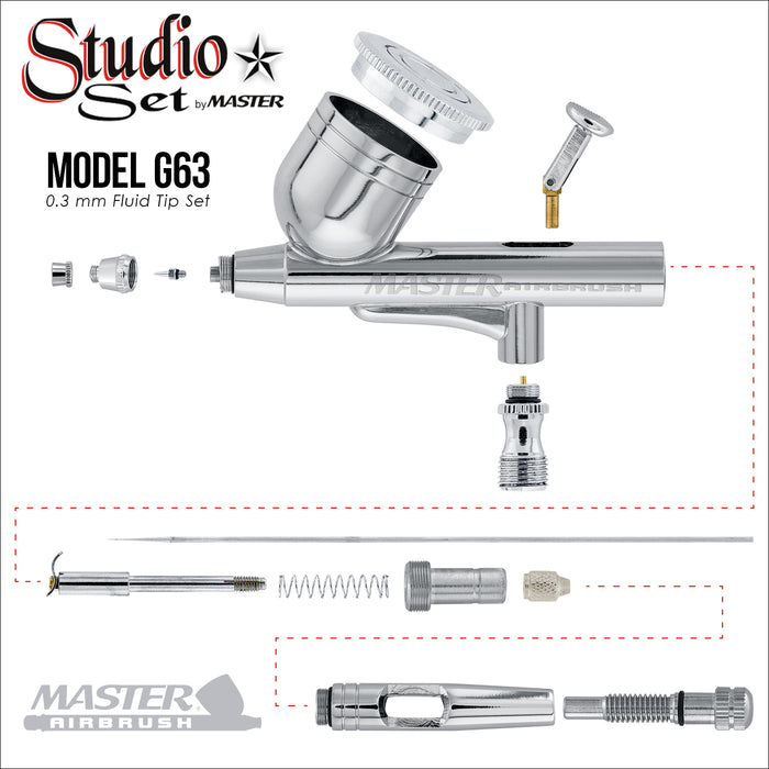 6 Master Performance G23 Dual-Action Gravity Feed Airbrushes with 0.3 mm Tips, 1/3 oz. Cups, Cutaway Handles & Storage Case