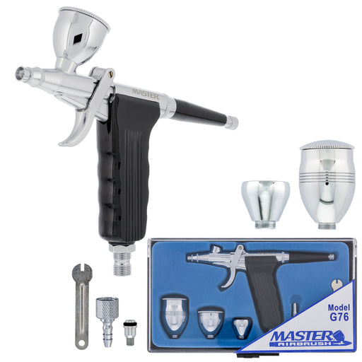 Master Performance G76 Pistol Trigger Gravity Feed Airbrush, Spray Gun Fan Air Cap Head, 0.3mm Tip, 3 Gravity Cups