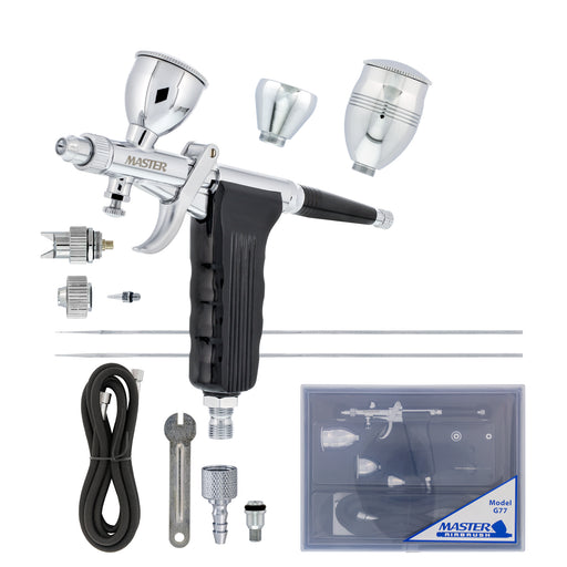 G77 Pistol Trigger Fixed Dual-Action Gravity Feed Airbrush, 2 Nozzle Sets (0.3 & 0.5mm), Spray Gun Fan Head, Round Pattern Head, 3 Cup Sizes, 6' Hose