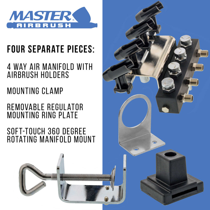 Airbrush Holder Station with 4-Way Air Splitter Manifold, Holds Up to 4 Airbrushes - Clamp on Work Table, Benchtop, Mount onto Compressor