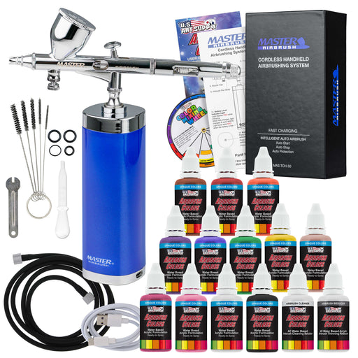 Master Airbrush Powerful Cordless Handheld Acrylic Paint Airbrushing System with 12 Primary Opaque Paint Colors, Reducer Cleaner Kit - 20 to 36 PSI