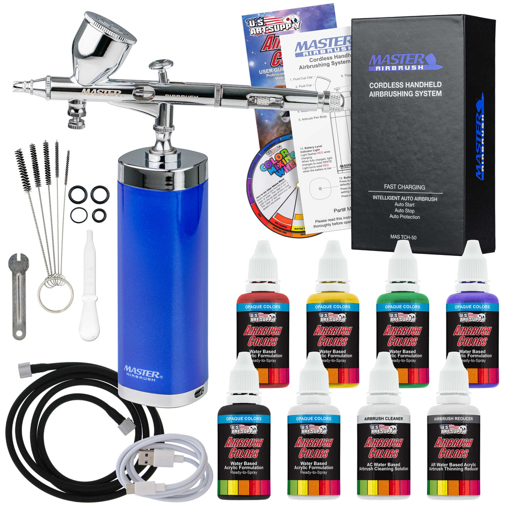 Master Airbrush Powerful Cordless Handheld Acrylic Paint Airbrushing System with 6 Primary Opaque Paint Colors, Reducer Cleaner Kit - 20 to 36 PSI
