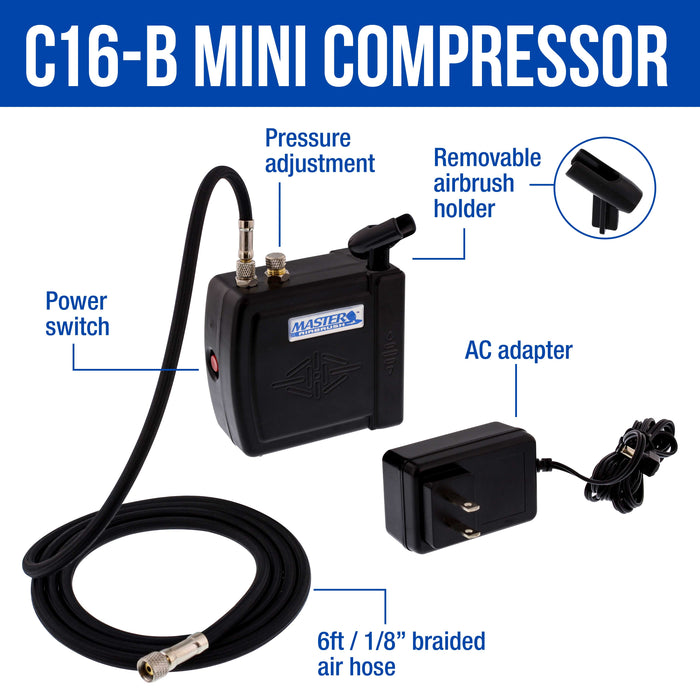 Master Performance G22 Airbrush Kit with Master Black Mini Portable Compressor C16-B, Air Hose & Air Filter Water Trap