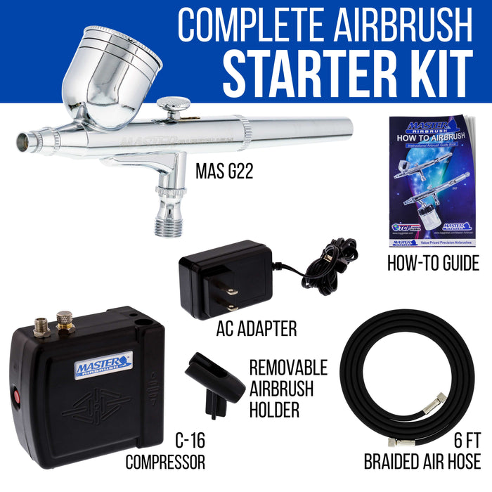 Master Performance G22 Airbrush Kit with Master Black Mini Portable Compressor C16-B & Air Hose