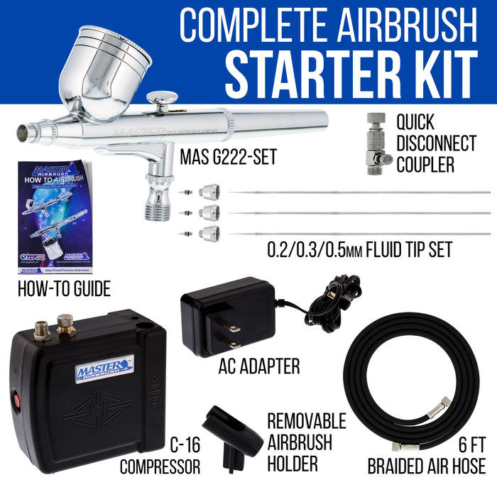 Master Performance G222 Airbrush Kit with Master Black Mini Portable Compressor C16-B & Air Hose
