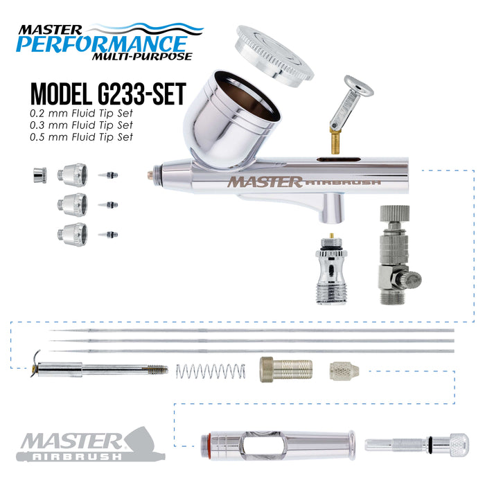 Master Performance G233 Airbrush Kit with Master Black Mini Portable Compressor C16-B & Air Hose