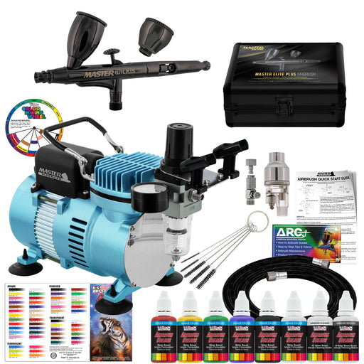 Cool Runner II Dual Fan Air Compressor System Kit with Master Elite Plus Elite Level Performance Airbrush Set, 6 Acrylic Paint Colors