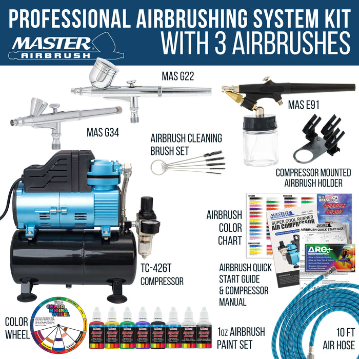 Master Airbrush Super Cool Runner Dual Fan Air Compressor with Storage Tank - Airbrushing System Kit with 3 Airbrushes, 6 Color Acrylic Paint Art Set