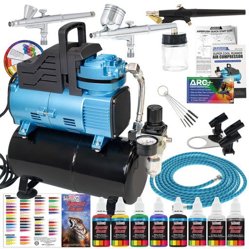 Master Airbrush Super Cool Runner Dual Fan Air Compressor with Storage Tank - Airbrushing System Kit with 3 Airbrushes, 6 Color Acrylic Paint Art Set