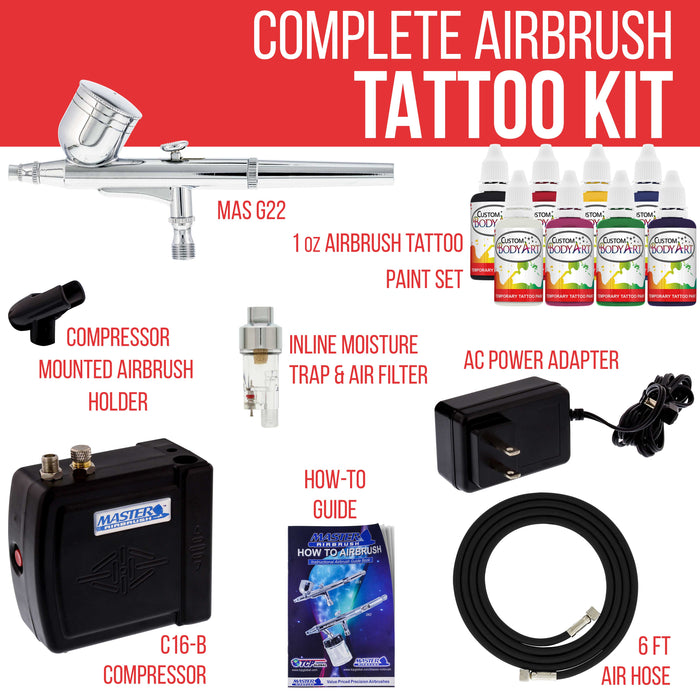 Multi-Purpose Airbrush Kit with Mini Compressor, Dual-Action Gravity Feed Airbrush. Air Hose and 8 Color Tattoo Paint Set