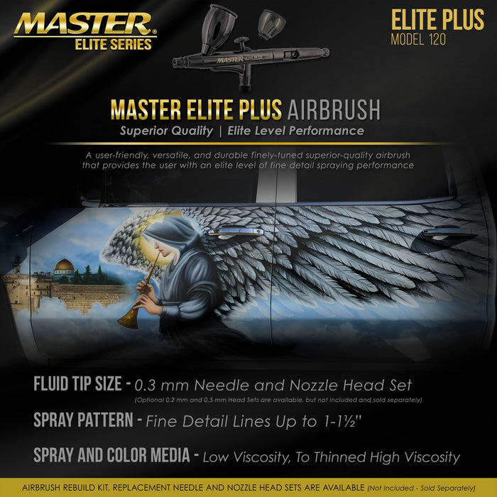 Master Elite Plus Airbrush Set - Elite Level Performance Dual-Action Gravity Feed Airbrush Kit with Case, 0.3mm Tip, 2 Cups, Filter - Auto, Art, Hobby