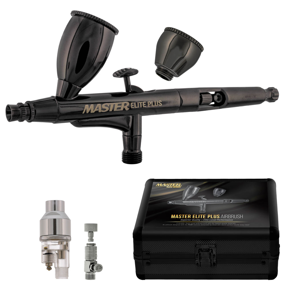 Master Elite Plus Airbrush Set - Elite Level Performance Dual-Action Gravity Feed Airbrush Kit with Case, 0.3mm Tip, 2 Cups, Filter - Auto, Art, Hobby