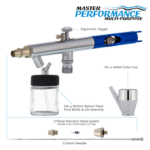 Master Performance S58 Multi-Purpose Precision Dual-Action Siphon Feed Airbrush, 0.35 mm Tip, 3/4 oz Bottle, 1/6 oz Color Cup, Cutaway Handle