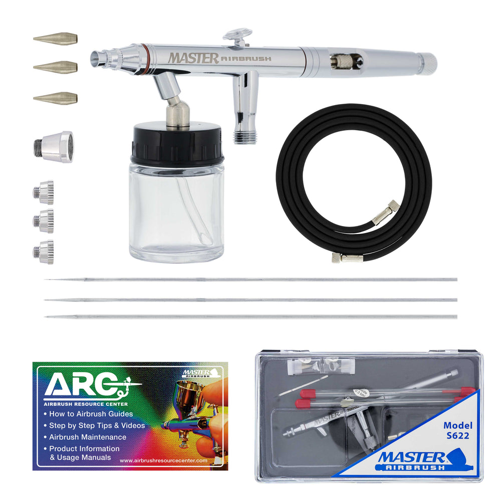 Master Hi-Flow S622 Pro Set Dual-Action Siphon Feed Airbrush Set with 3 Nozzle Sets (0.3, 0.5 & 0.8mm) & 1 Bottle (Includes 6 ft. Braided Air Hose)