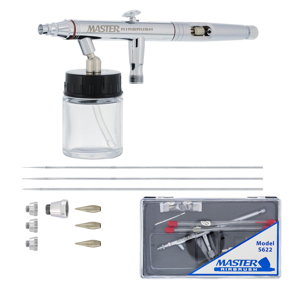 Master Hi-Flow S622 Pro Set Dual-Action Siphon Feed Airbrush Set with 3 Nozzle Sets (0.3, 0.5 & 0.8mm) & 1 Bottle