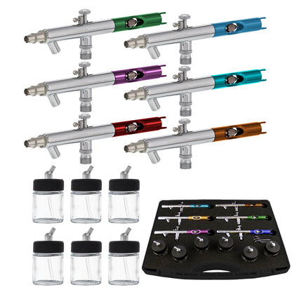 S66-PRO 6-Piece Dual-Action Siphon Feed Airbrush Set with 0.35mm Tips, 3/4 oz Bottles, Color-Coded Handles & Storage Case