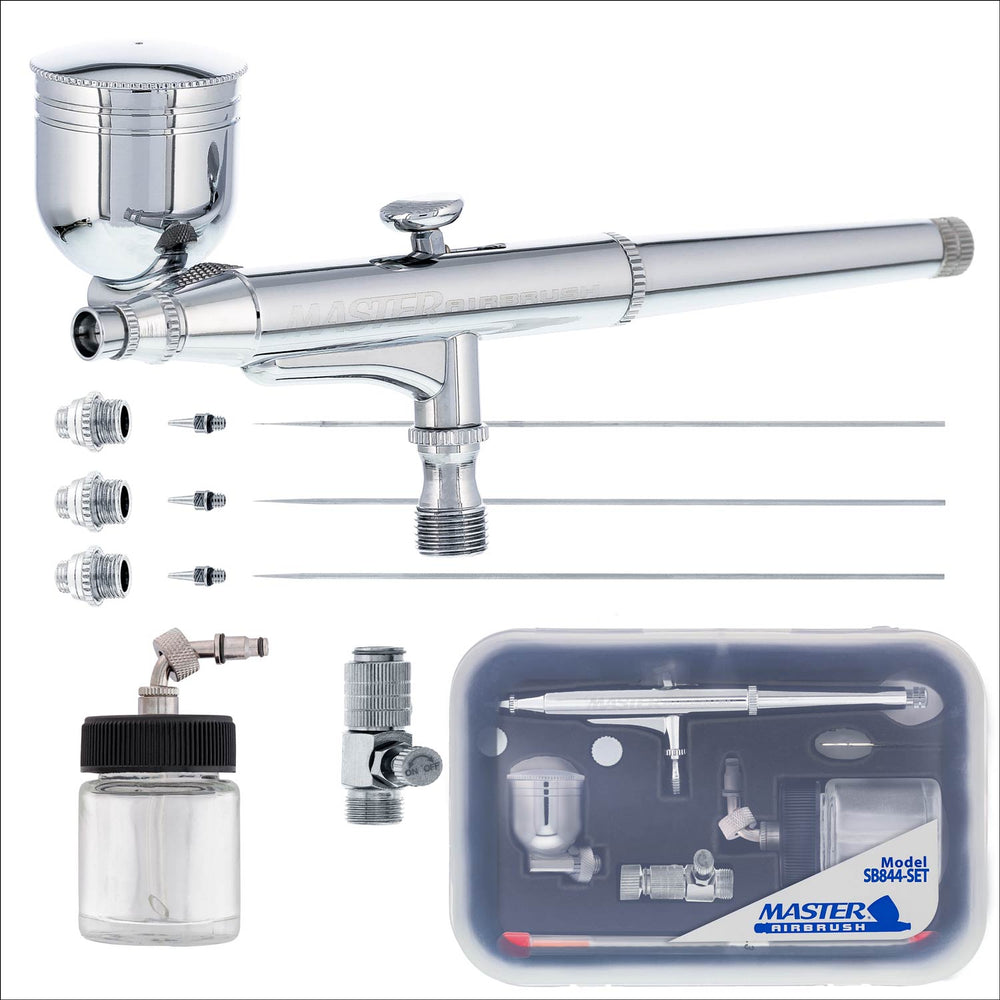 Master Elite SB844 Set Multi-Purpose Dual-Action Side Feed Airbrush with 3 Nozzle Sets (0.2, 0.3 & 0.5mm), Side & Siphon Cups