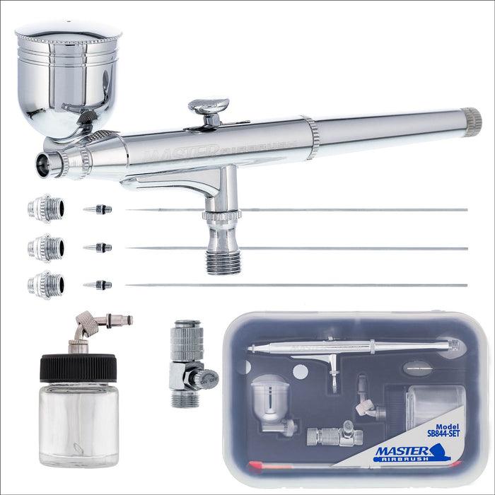 Master Elite SB844 Set Multi-Purpose Dual-Action Side Feed Airbrush with 3 Nozzle Sets (0.2, 0.3 & 0.5mm), Side & Siphon Cups