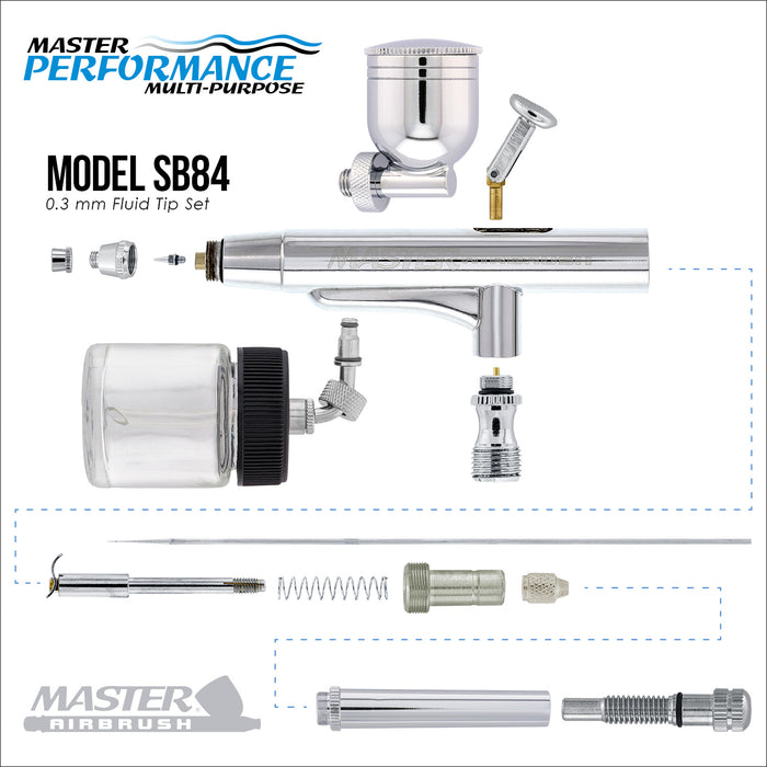 Master Performance SB84 Multi-Purpose Precision Dual-Action Side Bowl Feed Airbrush, 0.3 mm Tip, Gravity & Siphon Cups