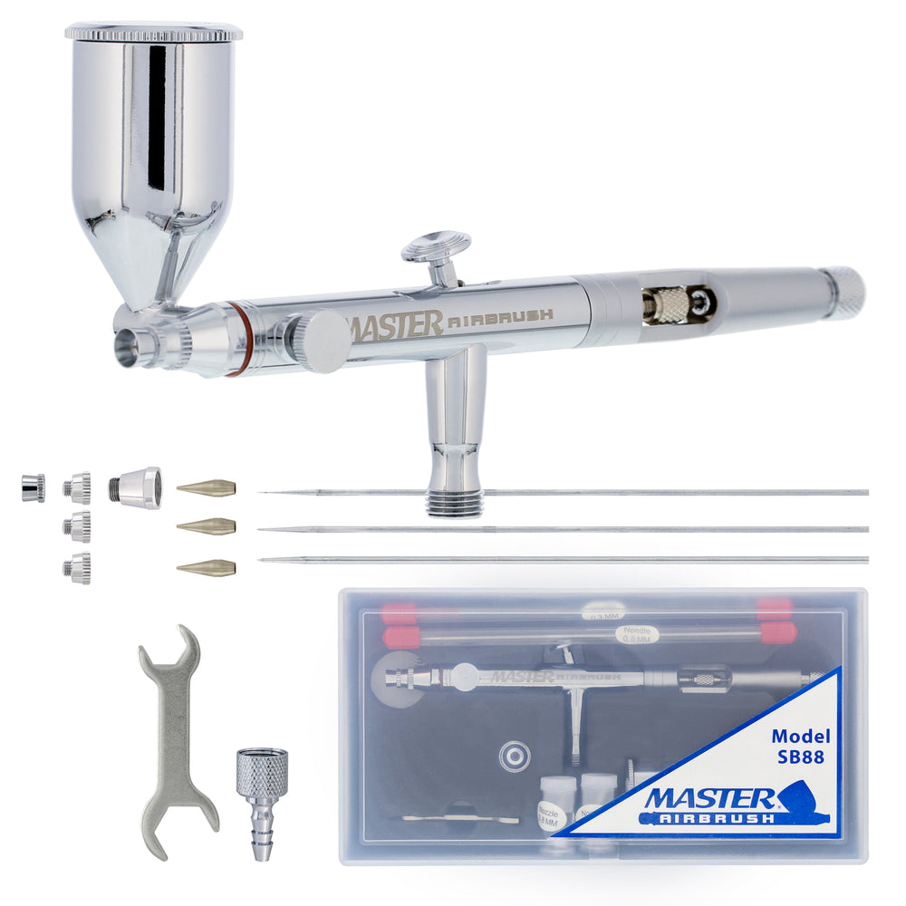 Master Elite SB88 Set Dual-Action Side Feed Airbrush Kit with 3 Nozzle Sets (0.3, 0.5 & 0.8mm) Needles, Fluid Tips and Air Caps), 1/2 oz. Gravity Cup, Guide